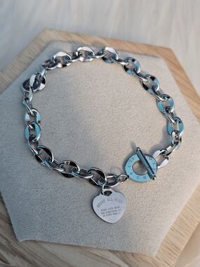 Silver Tone Heart Charm Toggle Bracelet - Unbranded Stainless